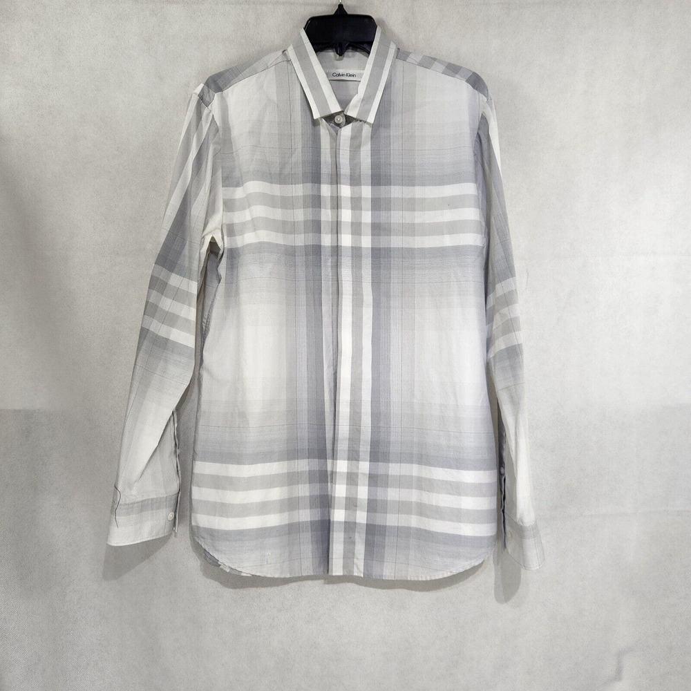 Calvin Klein Mens Shirt Size M Medium Large Plaid Gray Long Sleeve